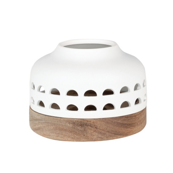 White Porcelain and Acacia Wood Lantern, 4 in. | Kirklands Home