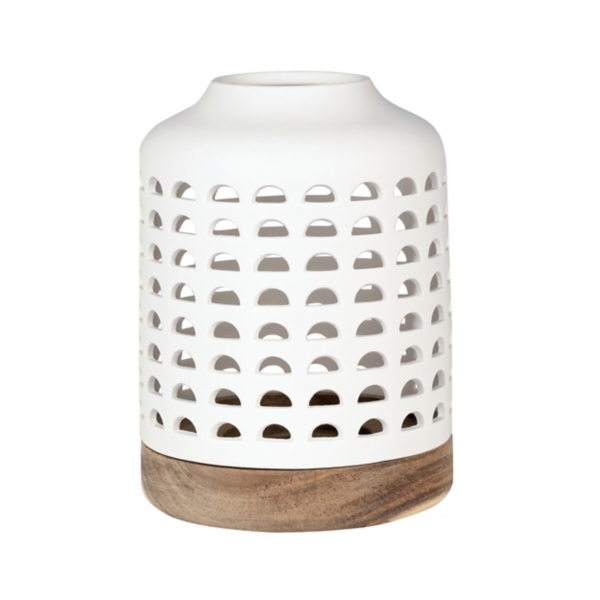 White Porcelain and Acacia Wood Lantern, 7 in. | Kirklands Home