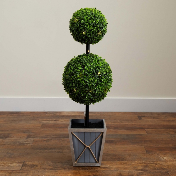 Pre-Lit Double Boxwood Topiary in Planter, 3 ft.