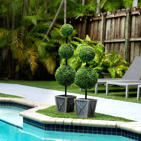 Pre-Lit Triple Boxwood Topiary in Planter, 4 ft.