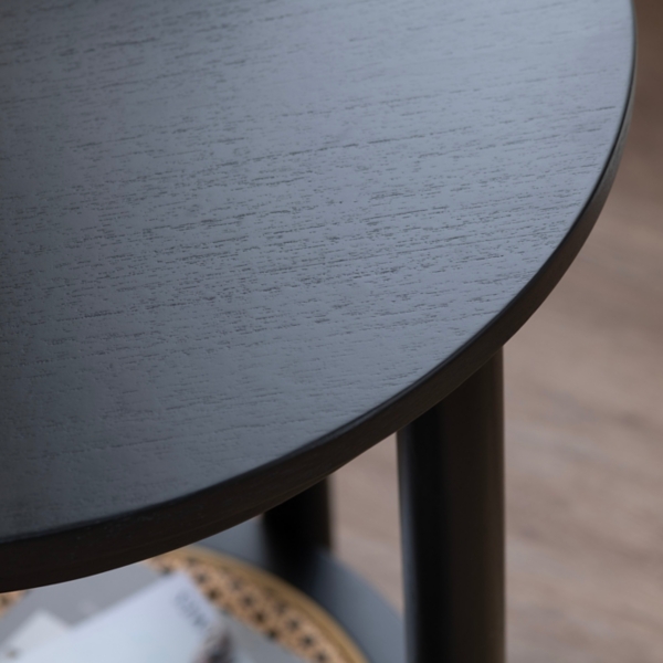 Black Wood and Rattan Boho Coffee Table