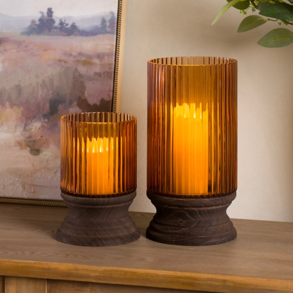 Amber Glass and Wood Hurricane