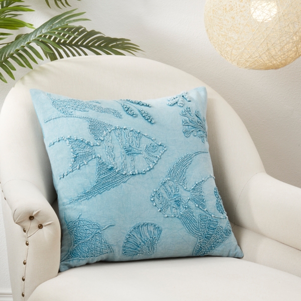 Blue Stonewashed Oceanic Fish Throw Pillow