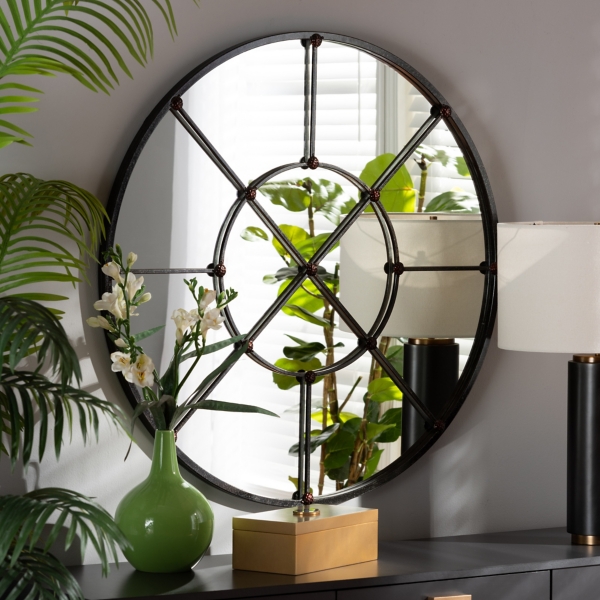 Black Metal Round Geometric Pane Wall Mirror