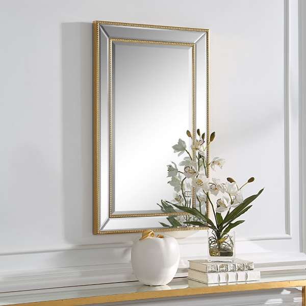 Gold Beaded Double Frame Beveled Wall Mirror