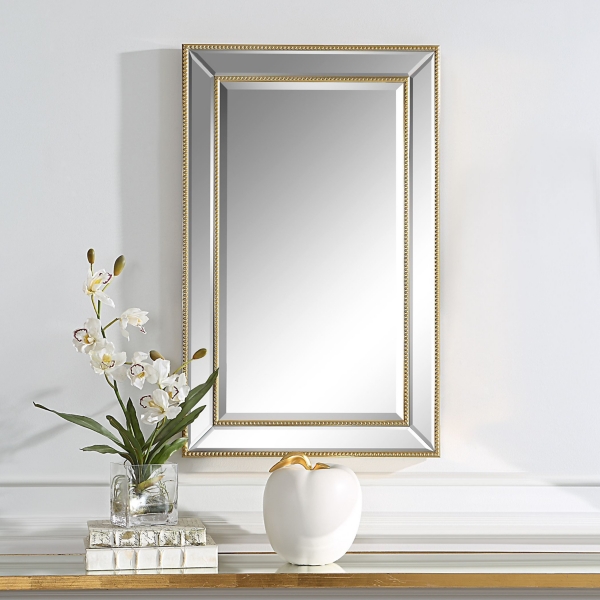 Gold Beaded Double Frame Beveled Wall Mirror
