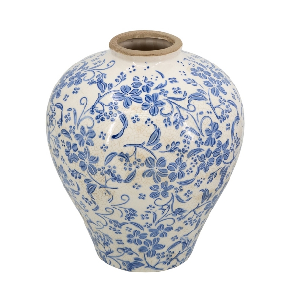 Blue and White Floral Urn Ceramic Vase, 11 in.