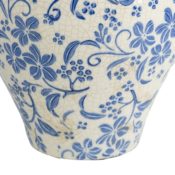 Blue and White Floral Urn Ceramic Vase, 11 in.