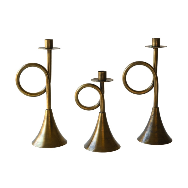 Brass Trumpet Taper Candle Holders, Set of 3