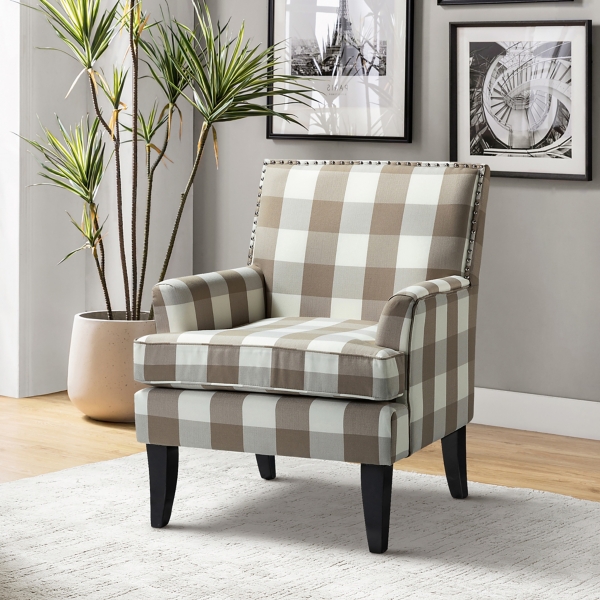 Beige Buffalo Check Upholstered Armchair