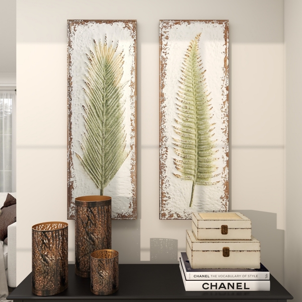 Embossed Metal Leaves Wall Plaques, Set of 2