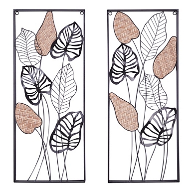 Gold Metal Leaves Framed Wall Plaques, Set of 2