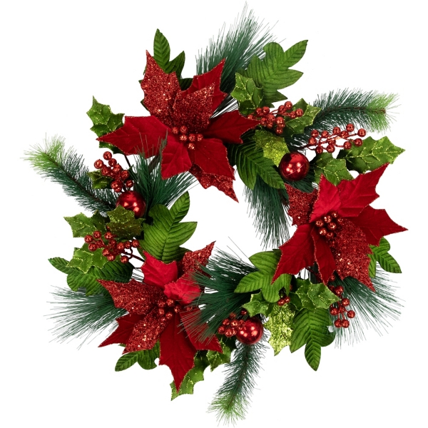 Green & Red Glitter Poinsettia Pine Wreath
