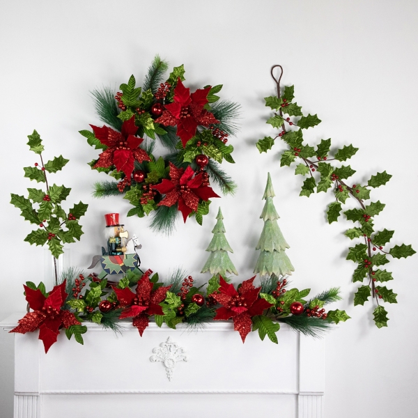 Green & Red Glitter Poinsettia Pine Wreath