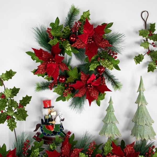 Green & Red Glitter Poinsettia Pine Wreath