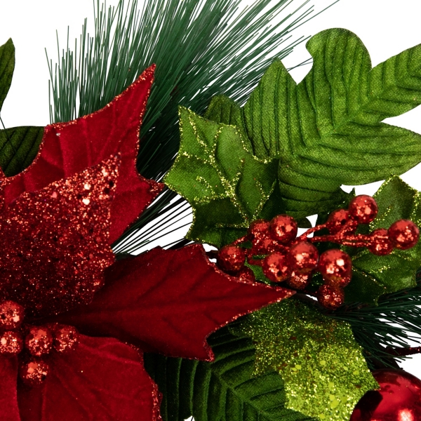 Green & Red Glitter Poinsettia Pine Wreath