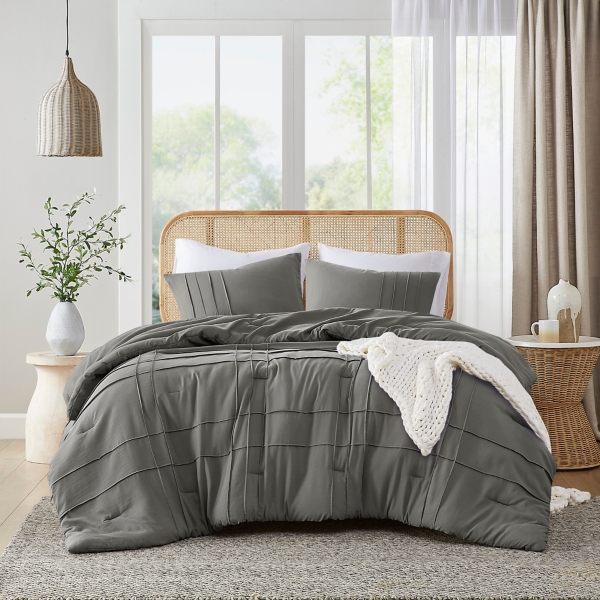 Gray Pleated Grid King Comforter Set