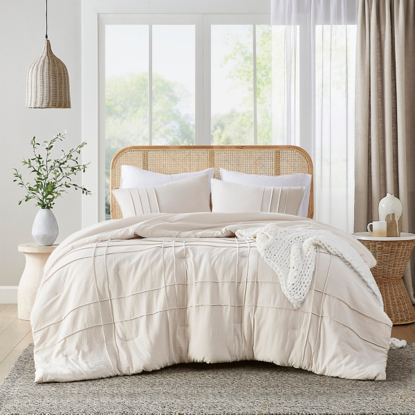 Neutral Pleated Grid Queen Comforter Set