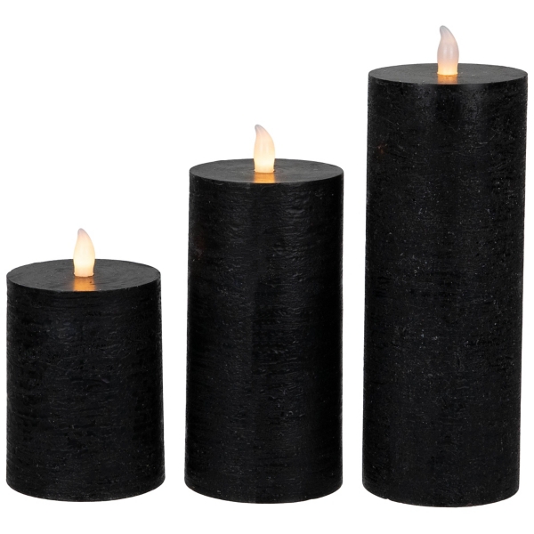 Black LED Flickering Pillar Candles, Set of 3