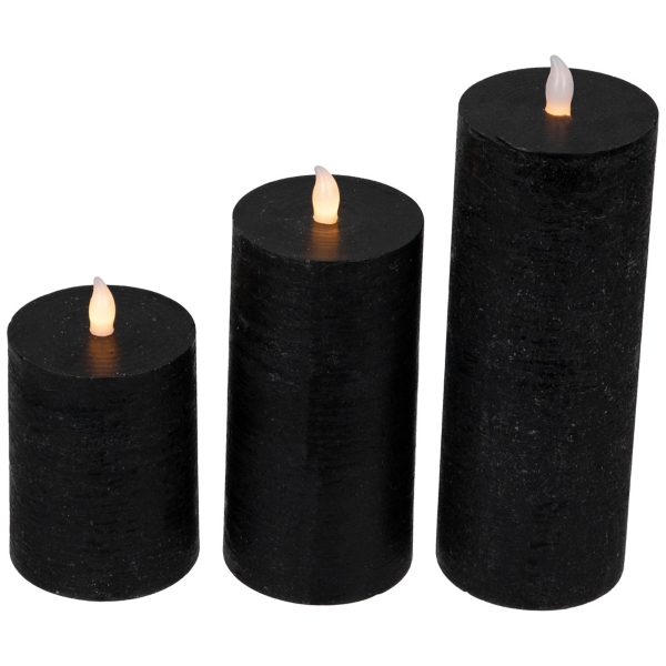 Black LED Flickering Pillar Candles, Set of 3