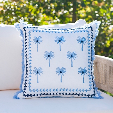 Blue Floral Embroidered Outdoor Accent Pillow