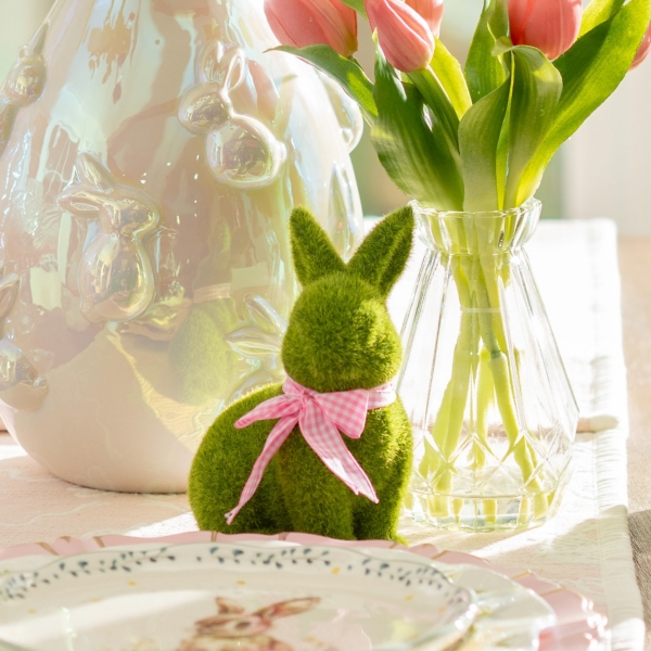 Moss Bunny with Bow Figurine, 5 in.