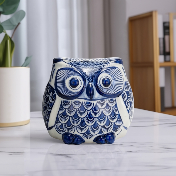 Blue Chinoiserie Owl Figurine