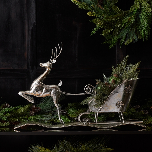 Hammered Metal Reindeer with Sleigh Decoration