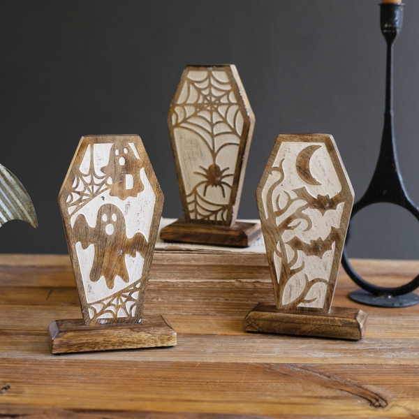 Carved Wooden Coffin Statues, Set of 3