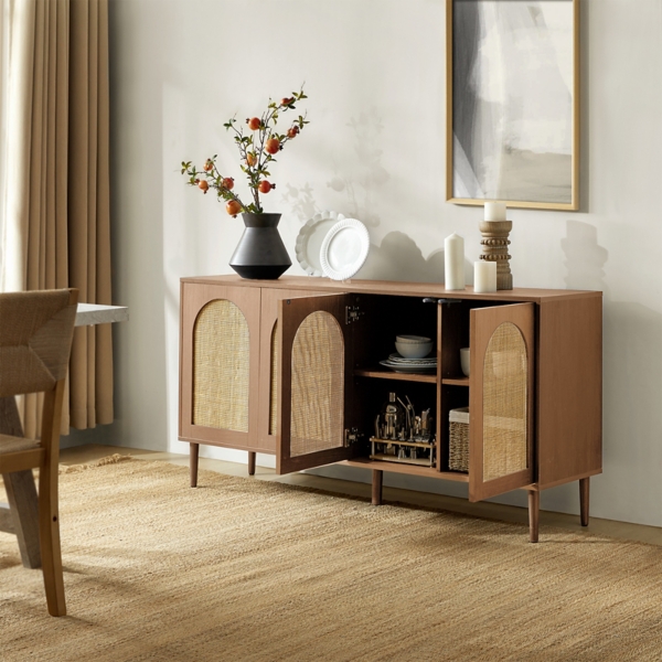Oak and Natural Rattan 4-Door Sideboard