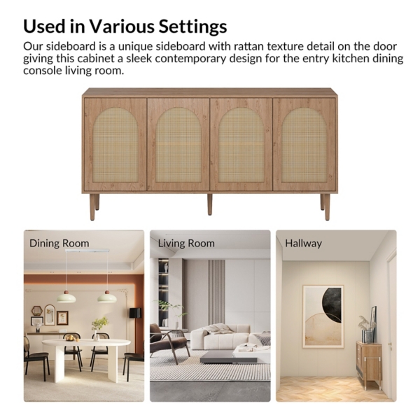 Oak and Natural Rattan 4-Door Sideboard