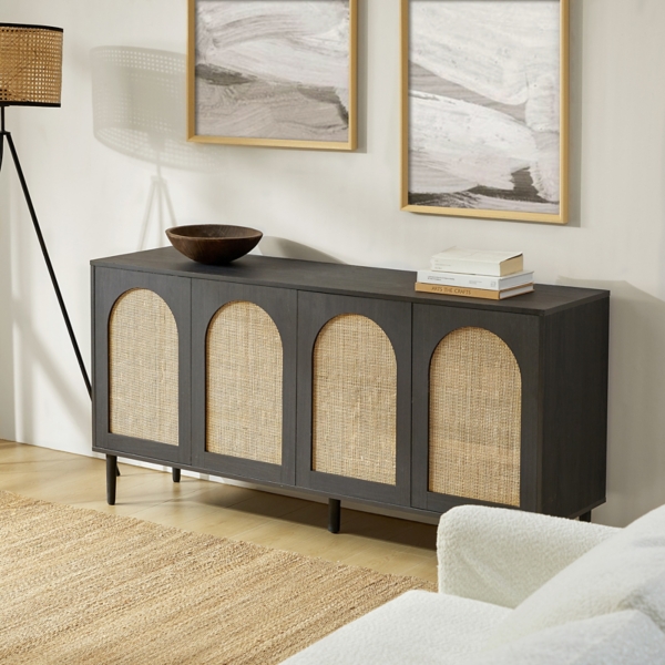 Black and Natural Rattan 4-Door Sideboard