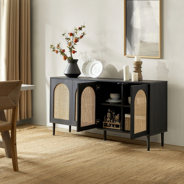 Black and Natural Rattan 4-Door Sideboard