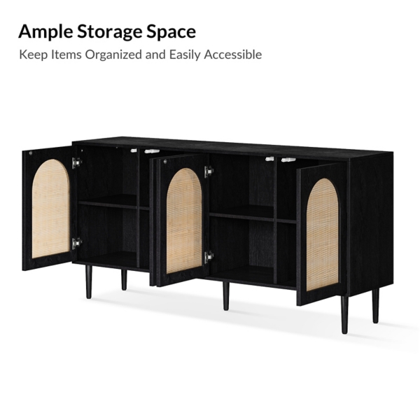 Black and Natural Rattan 4-Door Sideboard