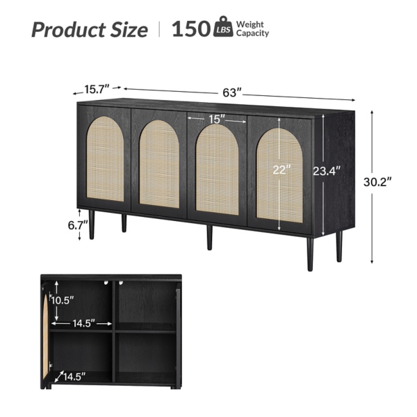 Black and Natural Rattan 4-Door Sideboard