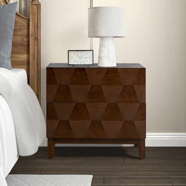Walnut Geometric 2-Drawer Charging Nightstand
