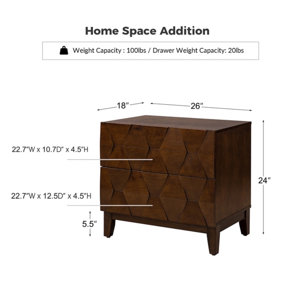 Walnut Geometric 2-Drawer Charging Nightstand