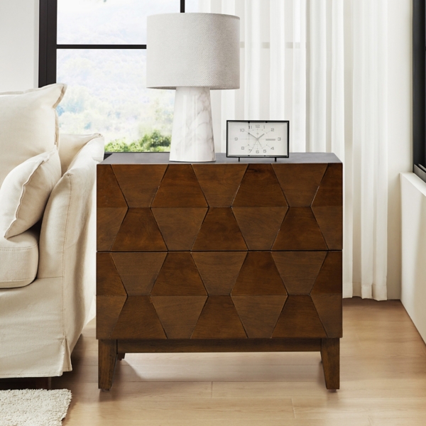 Walnut Geometric 2-Drawer Charging Nightstand