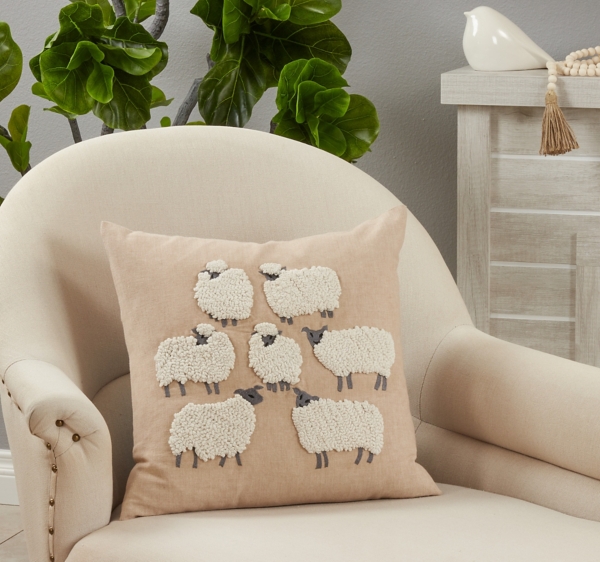 Tan Embroidered Sheep Accent Pillow