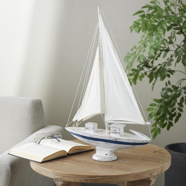 Coastal White and Blue Sailboat Statue