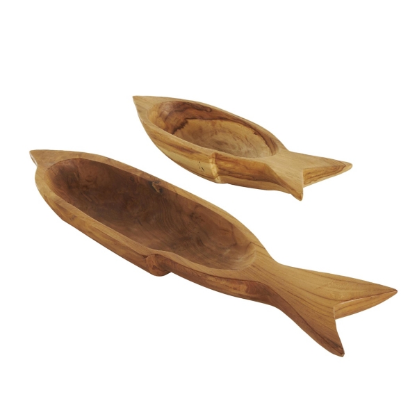 Teak Wood Carved Fish Trays, Set of 2