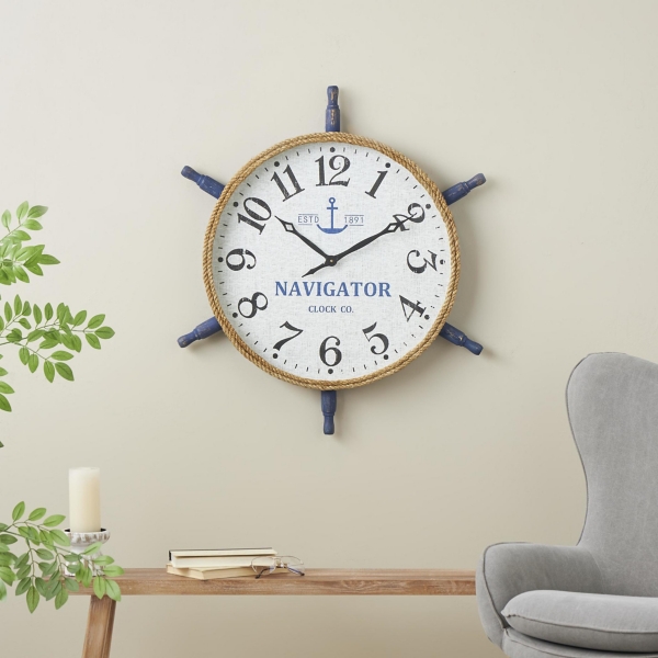 Ship Wheel Wood and Rope Wall Clock