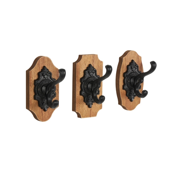 Black Metal and Wood Wall Hooks, Set of 3