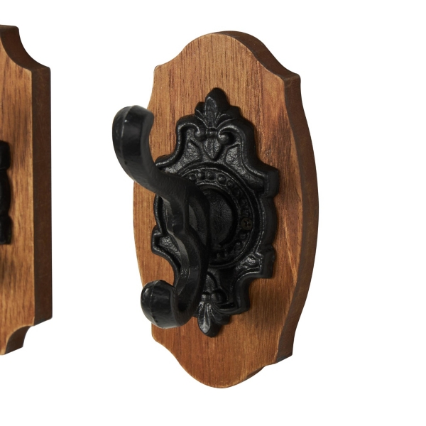 Black Metal and Wood Wall Hooks, Set of 3