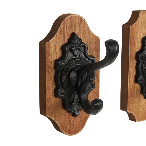 Black Metal and Wood Wall Hooks, Set of 3