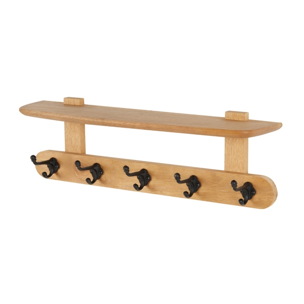 Natural Wood Wall Shelf with Hooks