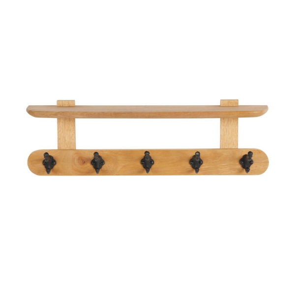 Natural Wood Wall Shelf with Hooks