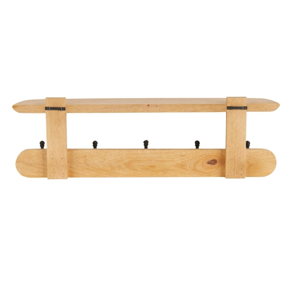 Natural Wood Wall Shelf with Hooks