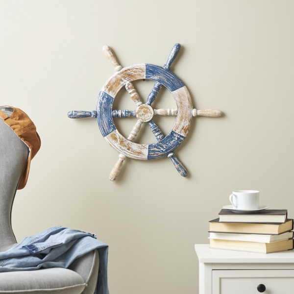 Blue and White Ship Wheel Wall Plaque