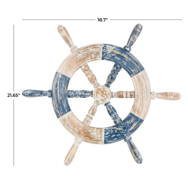 Blue and White Ship Wheel Wall Plaque